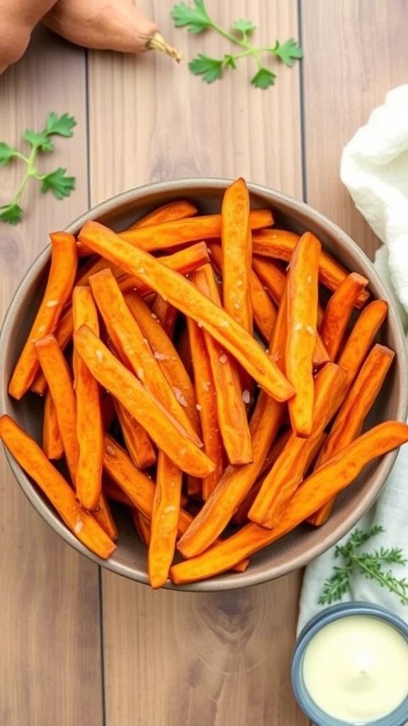 Whole30 Air Fryer Sweet Potato Fries Recipe Crispy air fryer sweet potato fries served with a dipping sauce on a rustic table.